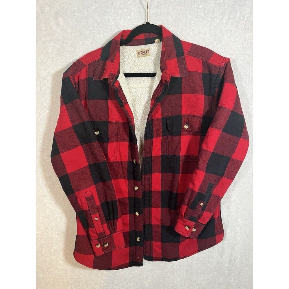 RedHead Mens Sherpa Lined Buffalo Plaid Flannel Shirt Jacket Red Black Size L
